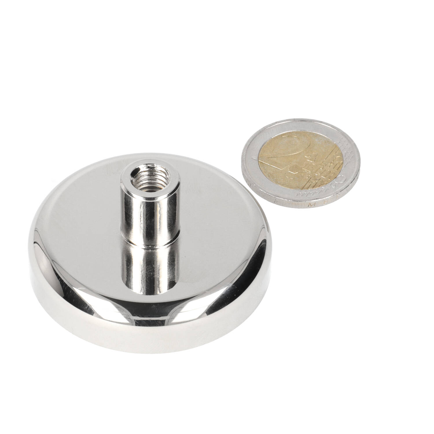 Neodym Topfmagnet 48 x 11 mm, N40, im Stahltopf, vernickelt (NiCuNi) M8, mit Gewindebuchse