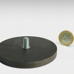 Neodym Topfmagnet Ø88 x 8,5 mm, N40, im Stahltopf, gummibeschichtet, gummibeschichtet, mit Gewindestift, mit Gewinde M8