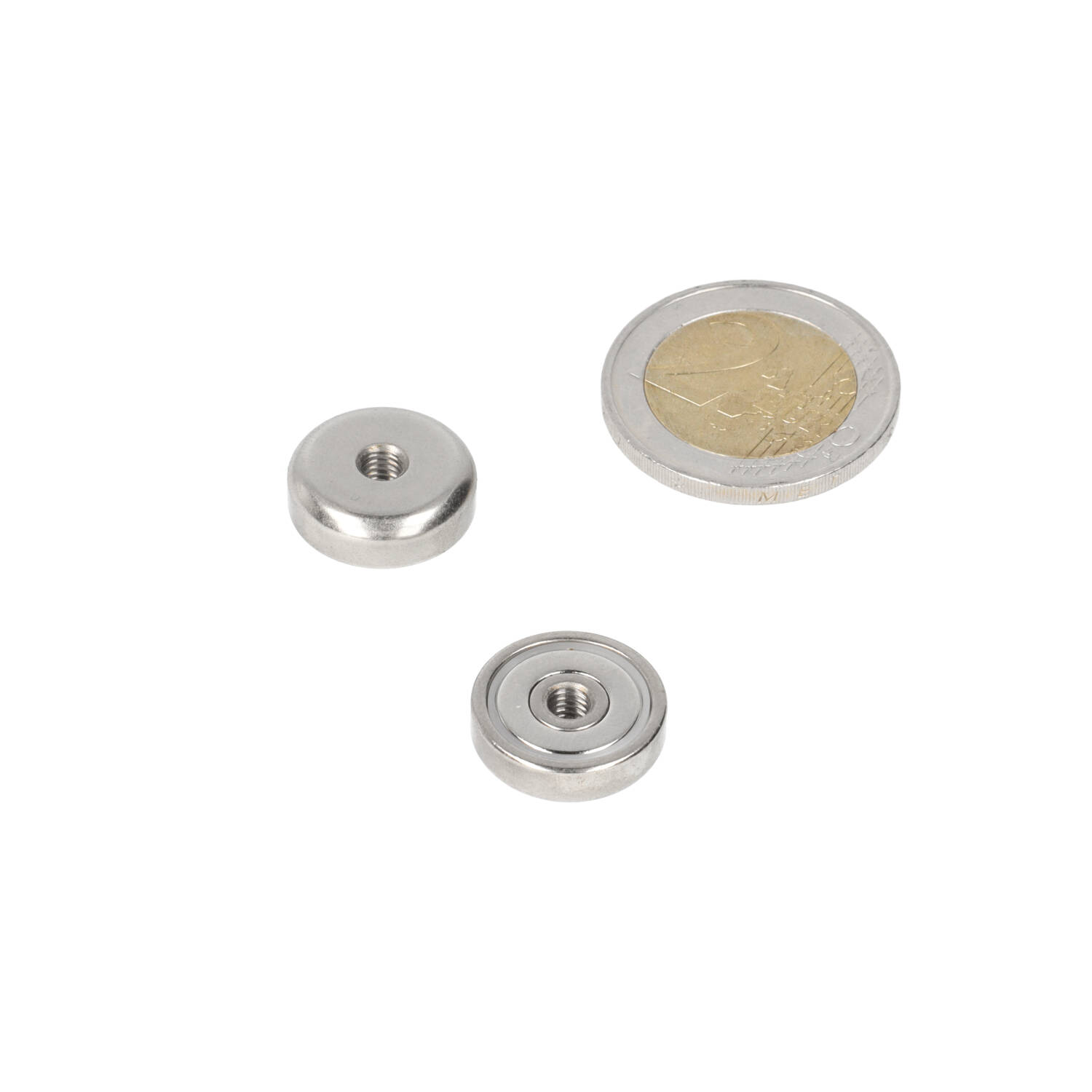 Neodym Topfmagnet 20 x 6 mm, N40, im Stahltopf, vernickelt (NiCuNi), mit Innengewinde M4