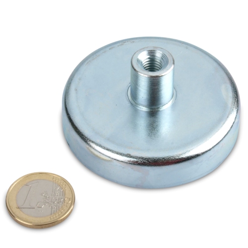 Ferriet Topfmagnet 63 x 14 mm, N40, im Stahltopf, vernickelt (NiCuNi) M8, mit Gewindebuchse