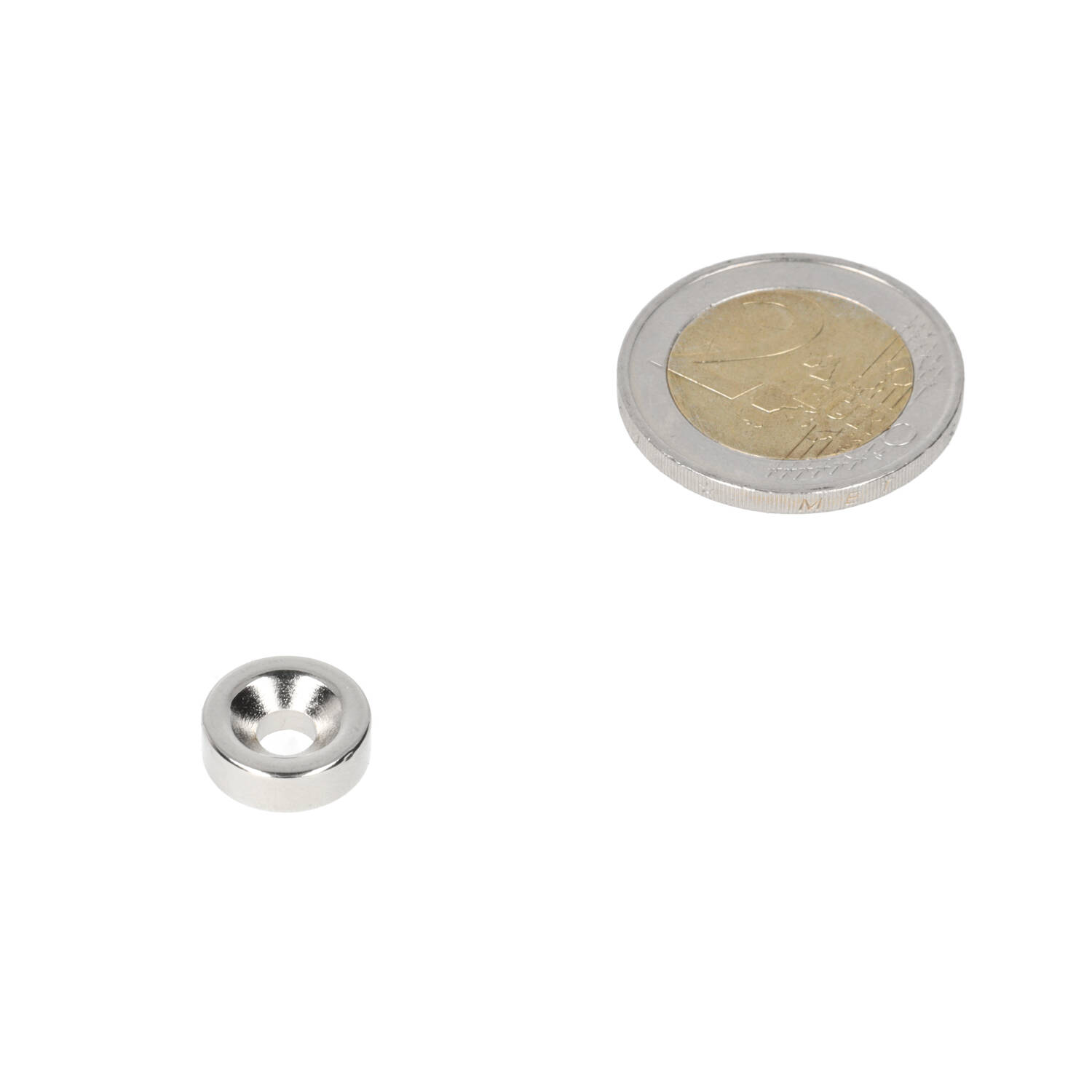 Neodym Ringmagnet 12 x 8,1 x 4,1 x 4 mm, N35, vernickelt (NiCuNi), mit Senkbohrung Südpol