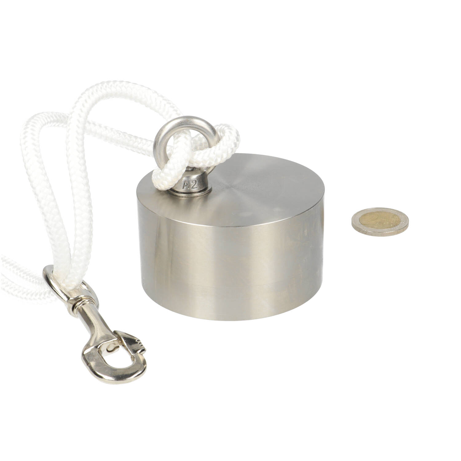 Neodym Bergemagnet Ø75 x 40 mm 250 kg Haftkraft, vernickelt (NiCuNi) Set inkl.: Seil 40 m, Ringmutter, Schraube, Karabiner