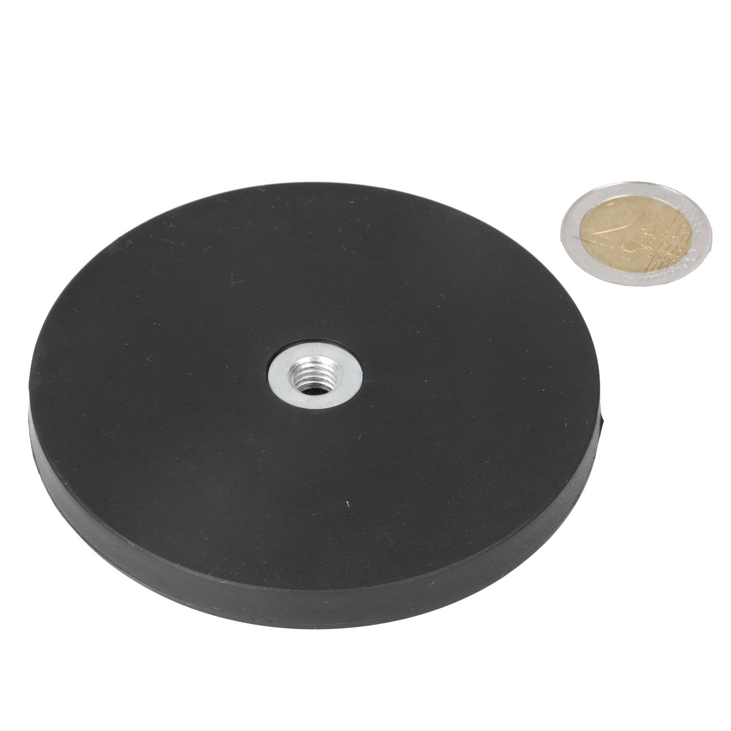 Neodym Topfmagnet Ø88 x 8,5 mm, N40, im Stahltopf, gummibeschichtet, gummibeschichtet, mit Innengewinde M6, mit Gewinde M8
