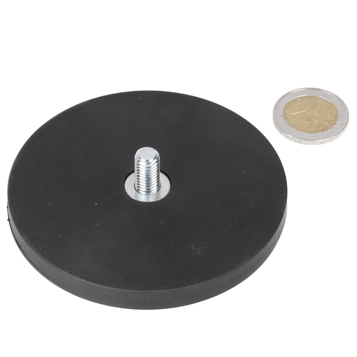 Neodym Topfmagnet Ø88 x 8,5 mm, N40, im Stahltopf, gummibeschichtet, gummibeschichtet, mit Gewindestift, mit Gewinde M8