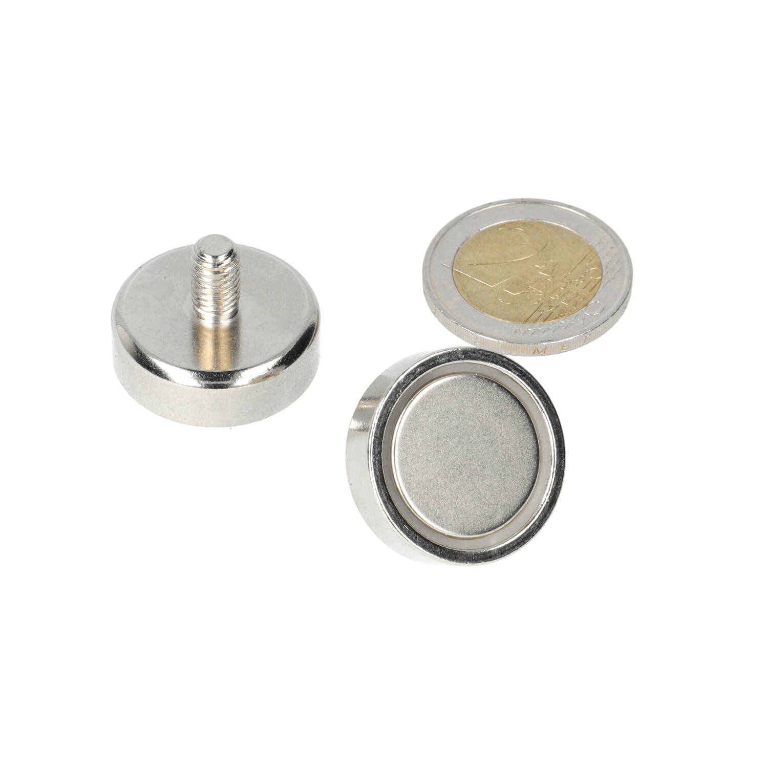 Neodym Topfmagnet 25 x 8 mm, N40, im Stahltopf, vernickelt (NiCuNi) M6, mit Gewindestift, mit Gewinde M5