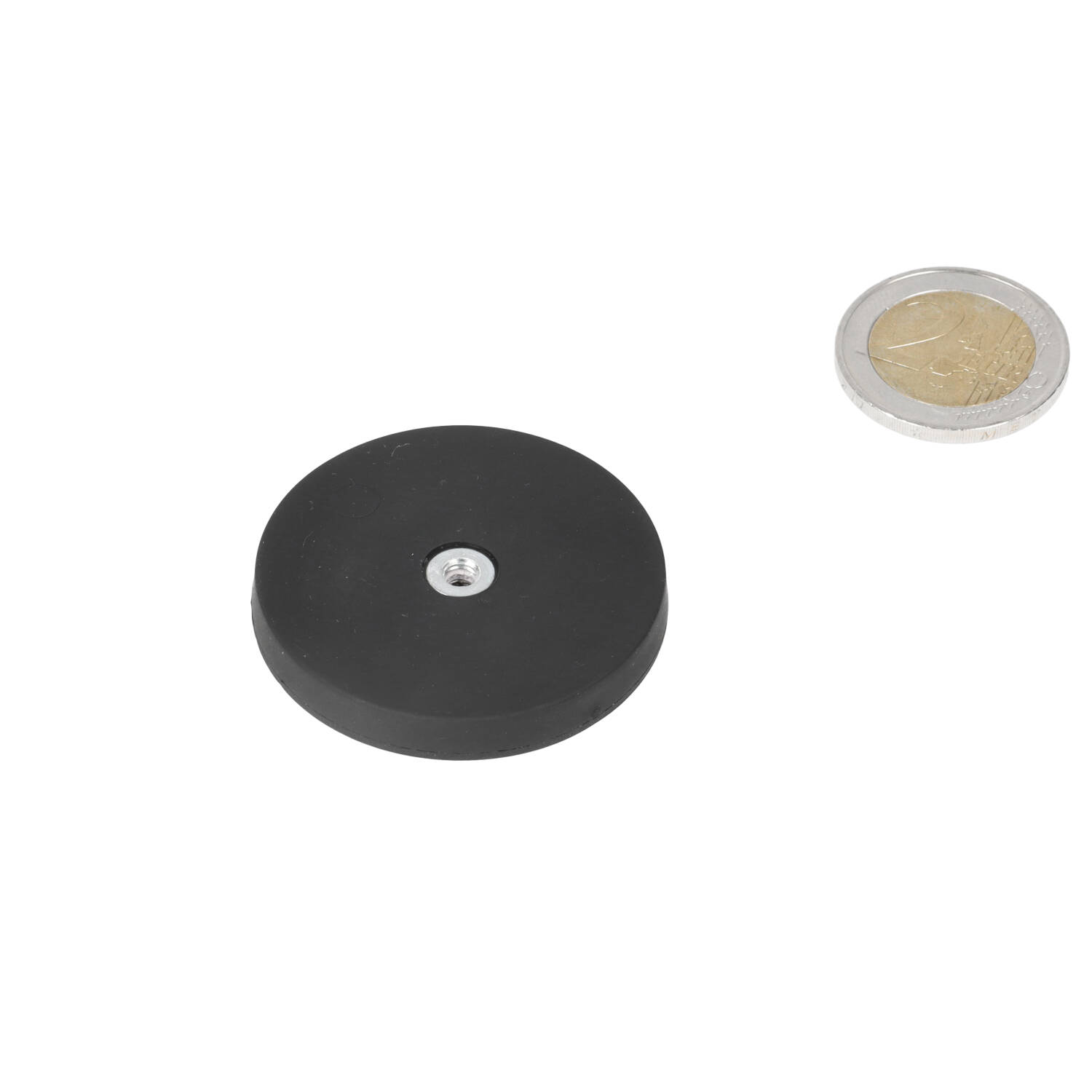 Neodym Topfmagnet 43 x 6 mm, N40, im Stahltopf, gummibeschichtet, gummibeschichtet, mit Innengewinde M4