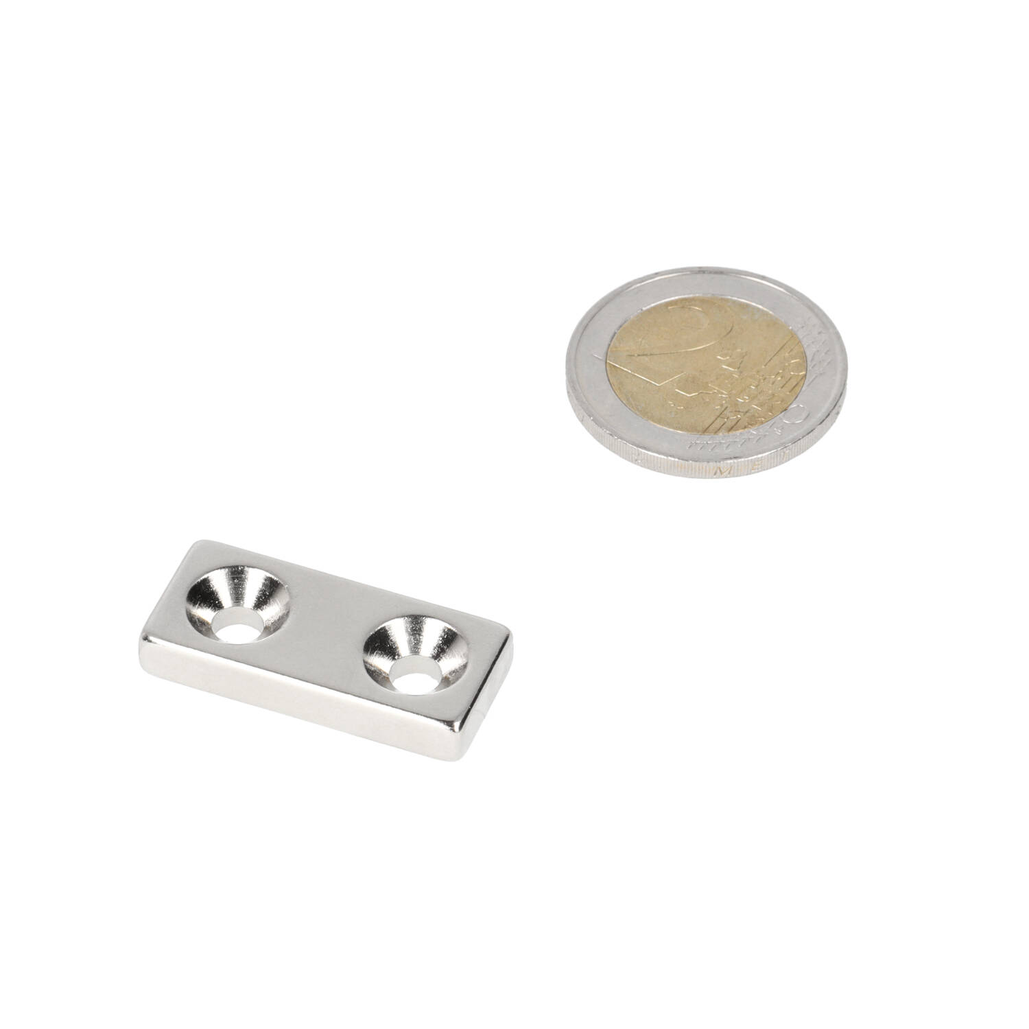 Neodym Quader-Magnet 30 x 13.5 x 5 mm (N48) – NiCuNi – met 2x Senkloch – Südpol