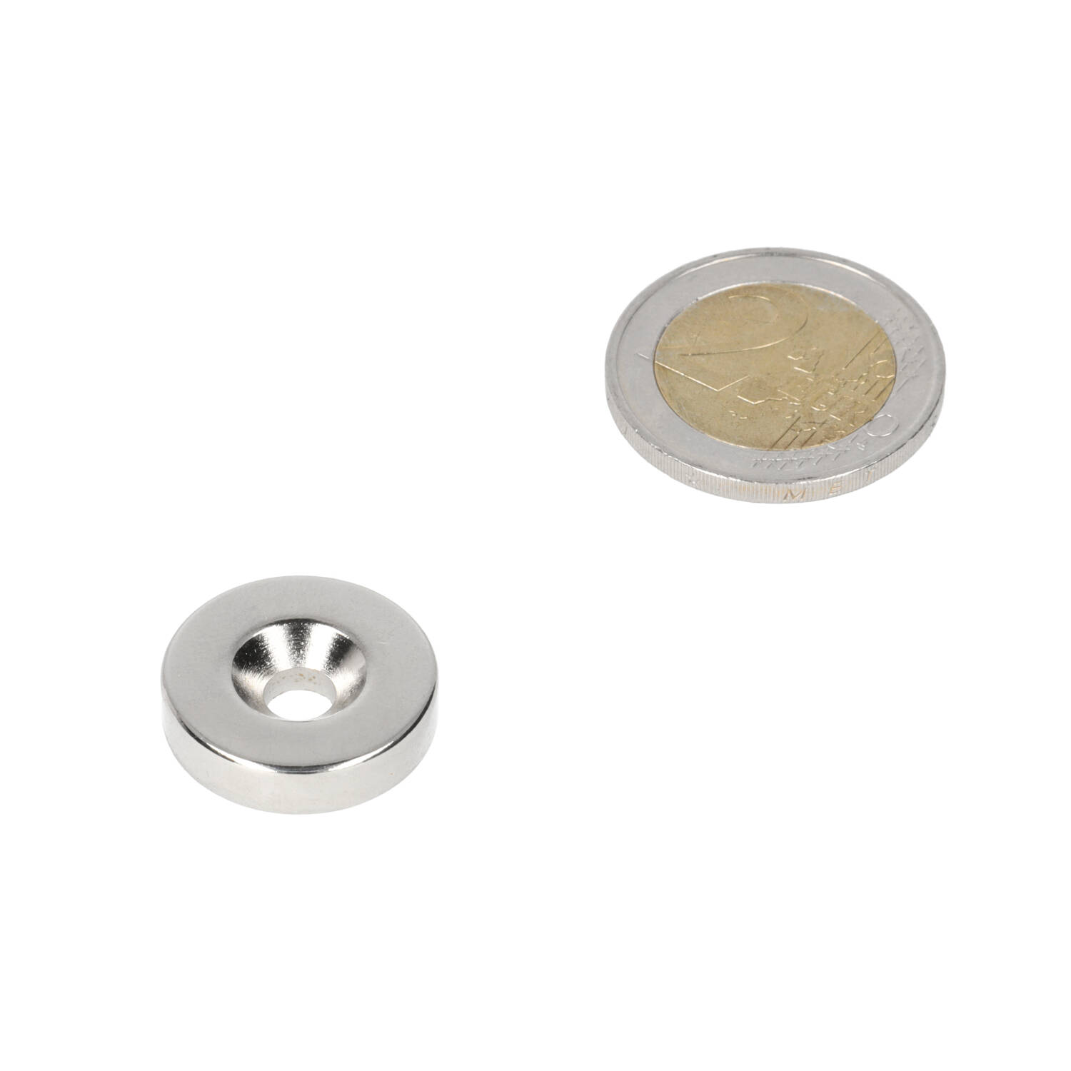 Neodym Ringmagnet 20 x 9,8 x 5,1 x 5 mm, N35, vernickelt (NiCuNi), mit Senkbohrung Südpol
