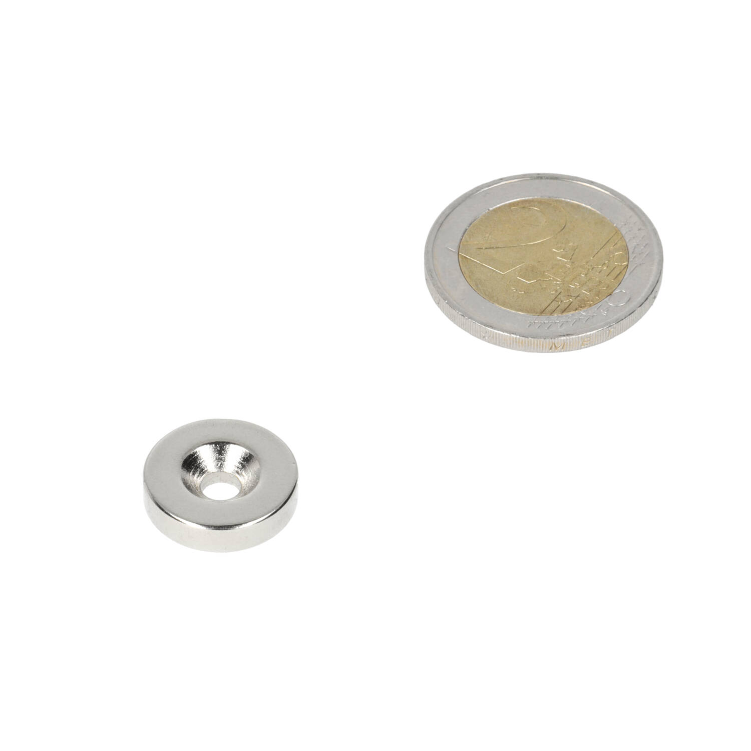 Neodym Ringmagnet 15 x 8,1 x 4,1 x 4 mm, N35, vernickelt (NiCuNi), mit Senkbohrung Südpol