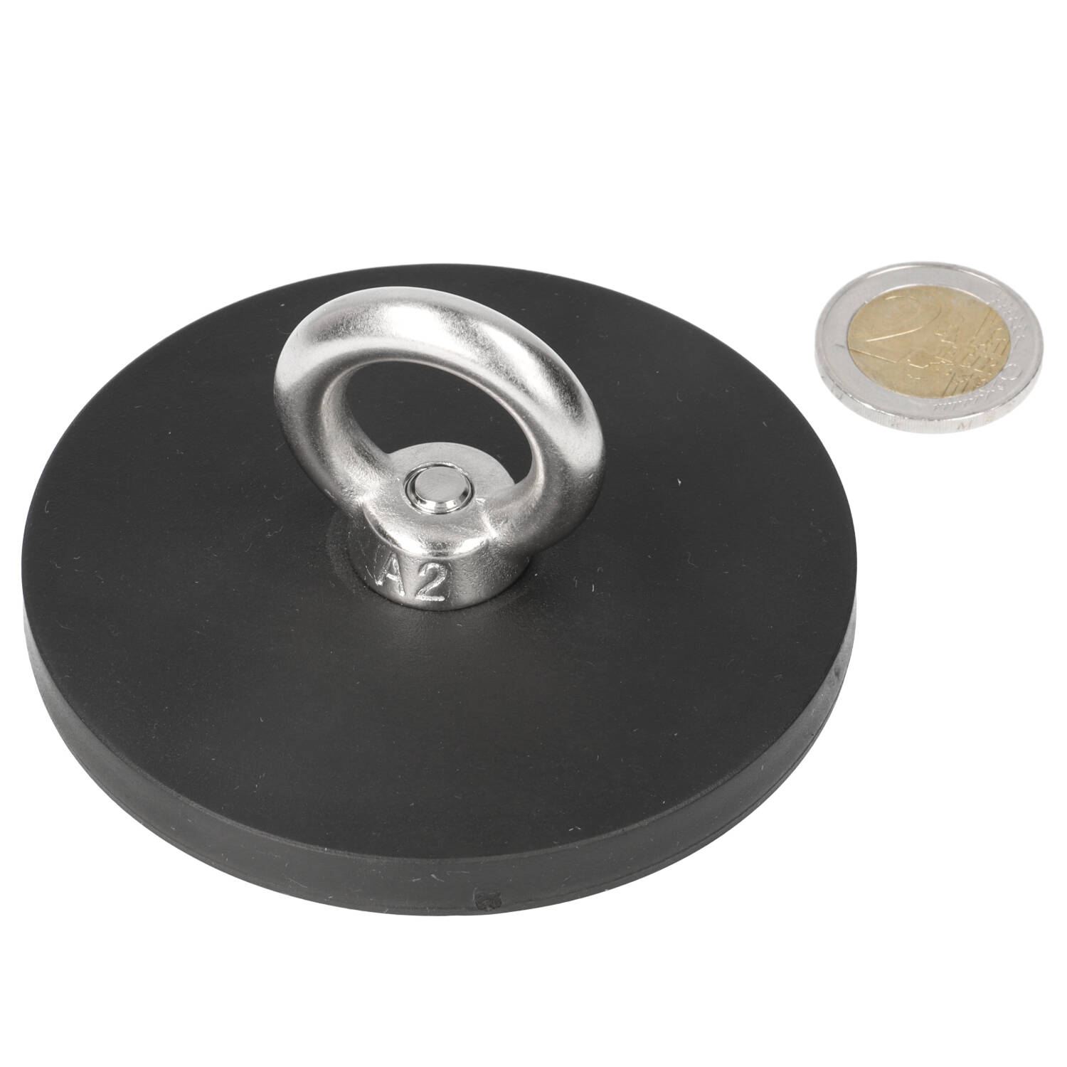Neodym – Ösenmagnet – 88 x 0 x 0 mm – Ø88 mm – N40 – Stahltopf – Rubber – RVS oogbout