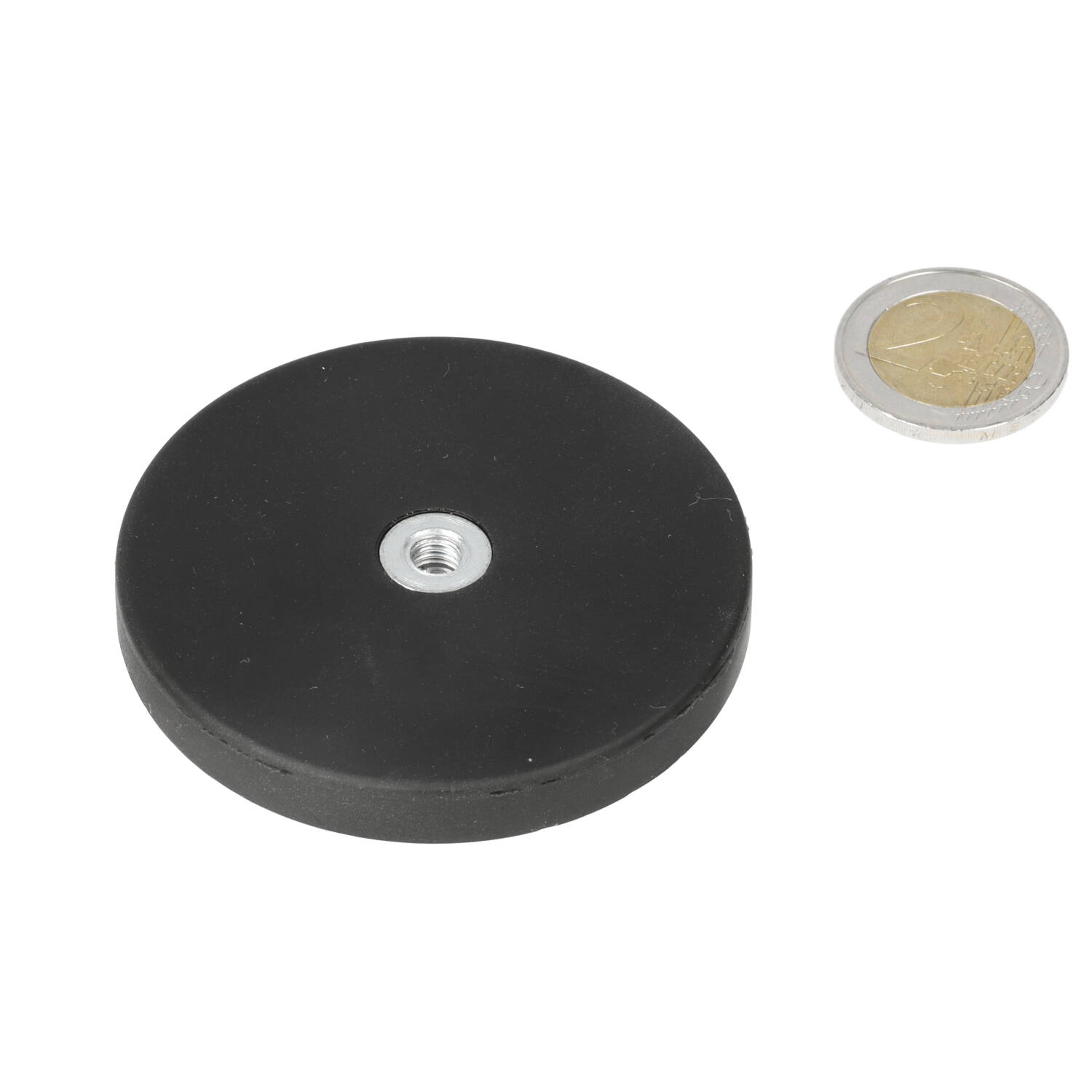 Neodym Topfmagnet 66 x 8,5 mm, N40, im Stahltopf, gummibeschichtet, gummibeschichtet, mit Innengewinde M6