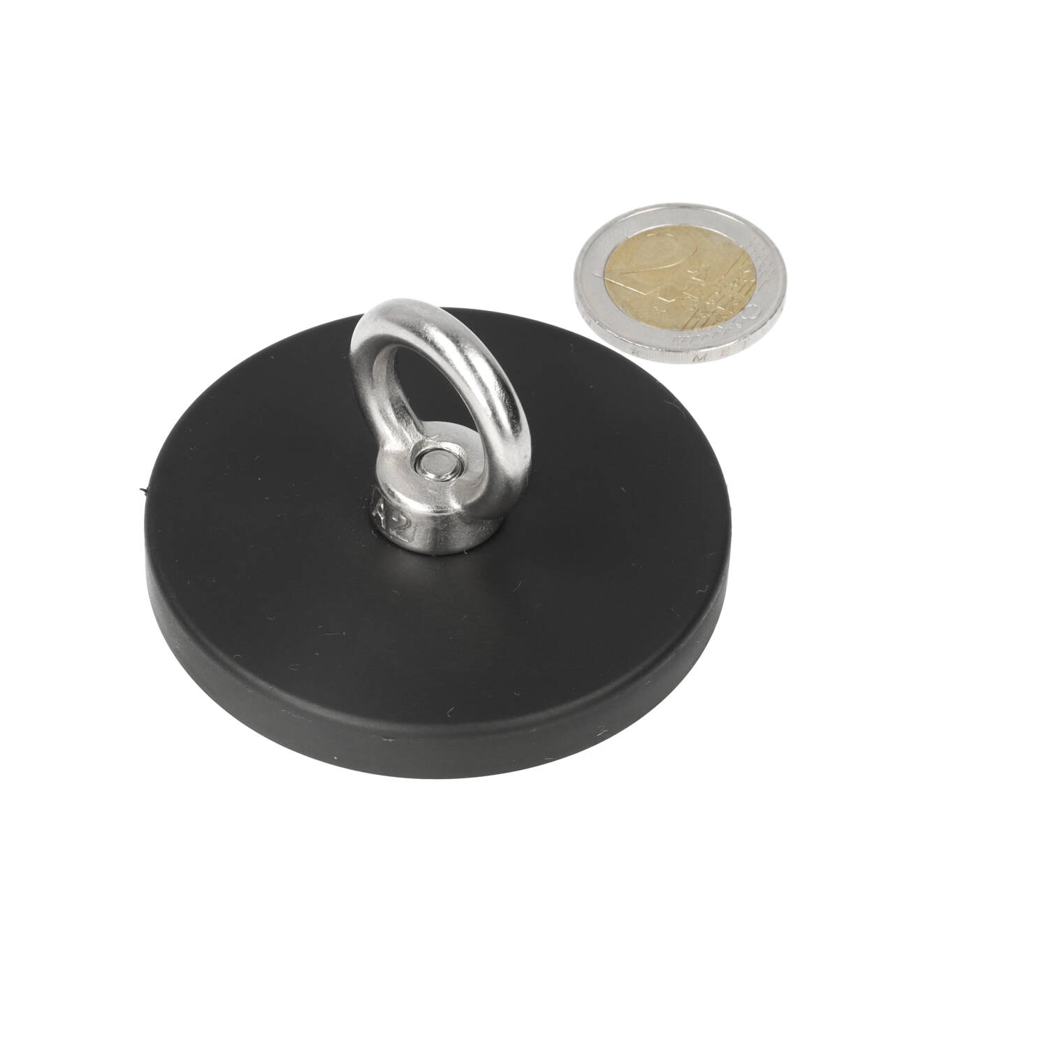 Neodym – Ösenmagnet – 66 x 0 x 0 mm – Ø66 mm – N40 – Stahltopf – Rubber – RVS oogbout