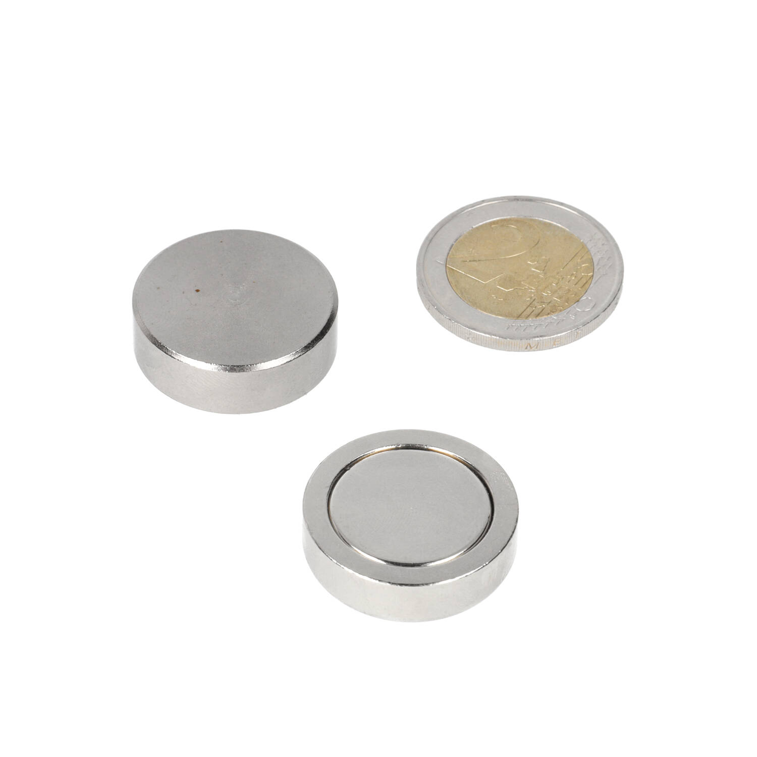 Neodym Topfmagnet 25 x 8 mm, N40, im Stahltopf, vernickelt (NiCuNi) om te verlijmen