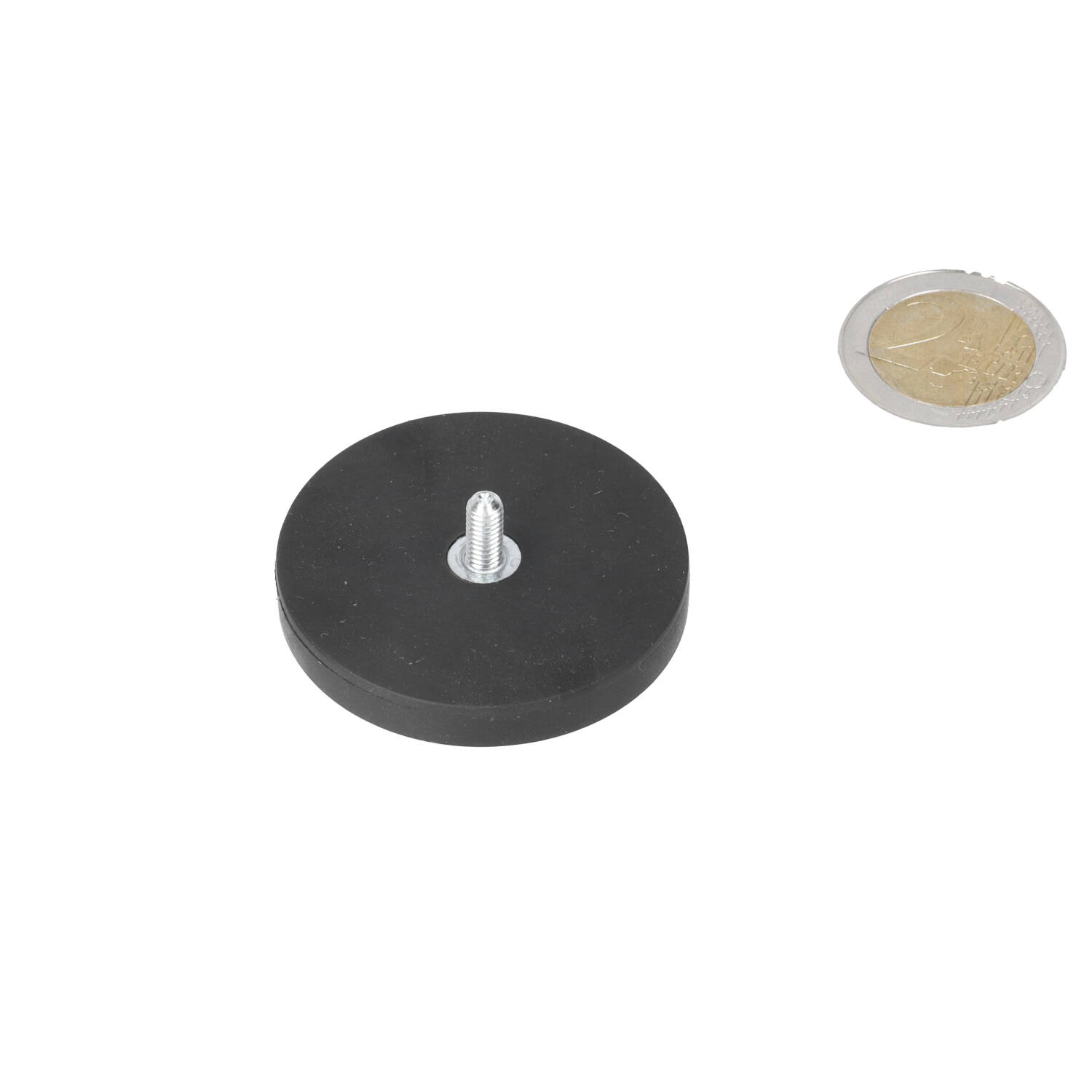 Neodym Topfmagnet 43 x 6 mm, N40, im Stahltopf, gummibeschichtet, gummibeschichtet M4 x 10, mit Gewindestift, mit Gewinde M4