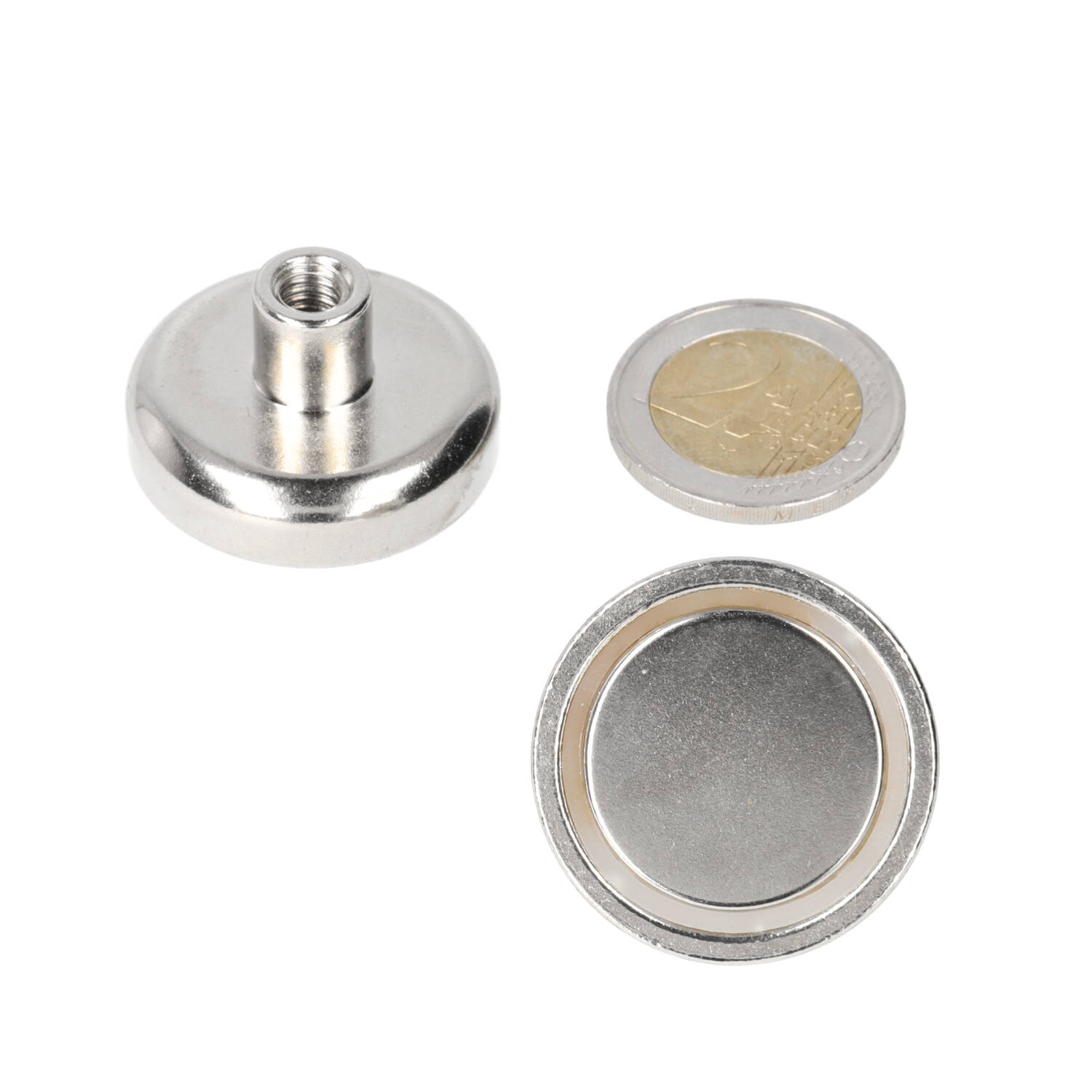 Neodym Topfmagnet 32 x 8 mm, N40, im Stahltopf, vernickelt (NiCuNi), mit Innengewinde M6