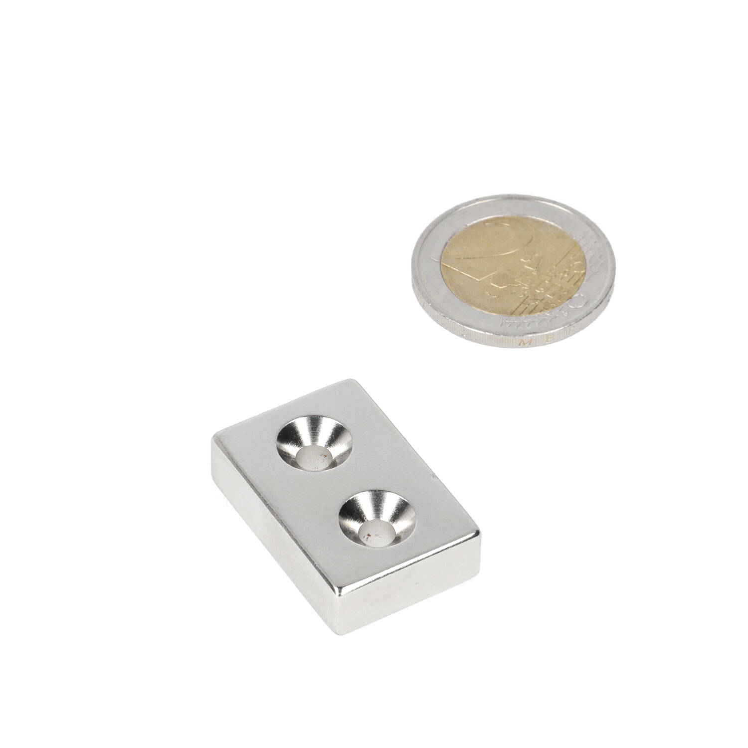 Neodym Quader-Magnet 30 x 20 x 8 mm (N48) – NiCuNi – met 2x Senkloch – Nordpol