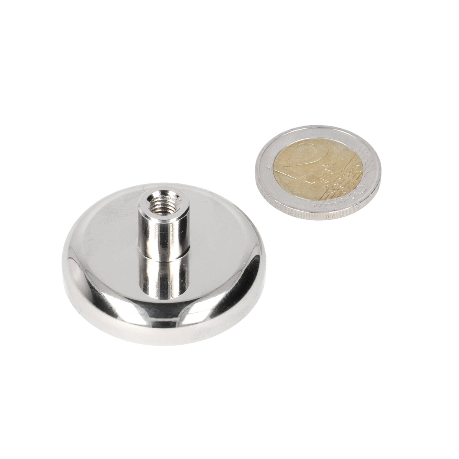 Neodym Topfmagnet 40 x 8 mm, N42, im Stahltopf, vernickelt (NiCuNi), mit Innengewinde M6