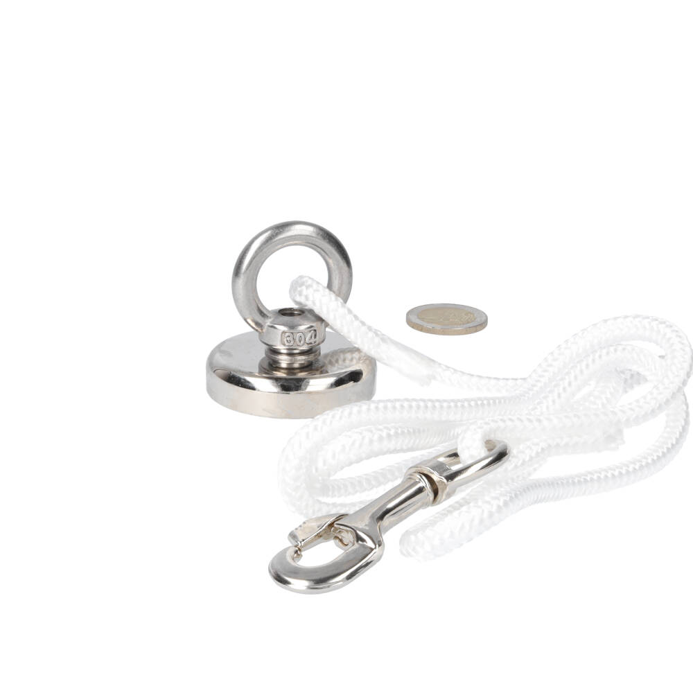 Neodym Bergemagnet Ø48 x 10 mm 88 kg Haftkraft, vernickelt (NiCuNi) Set inkl.: Seil 10 m, Ringmutter, Schraube, Karabiner