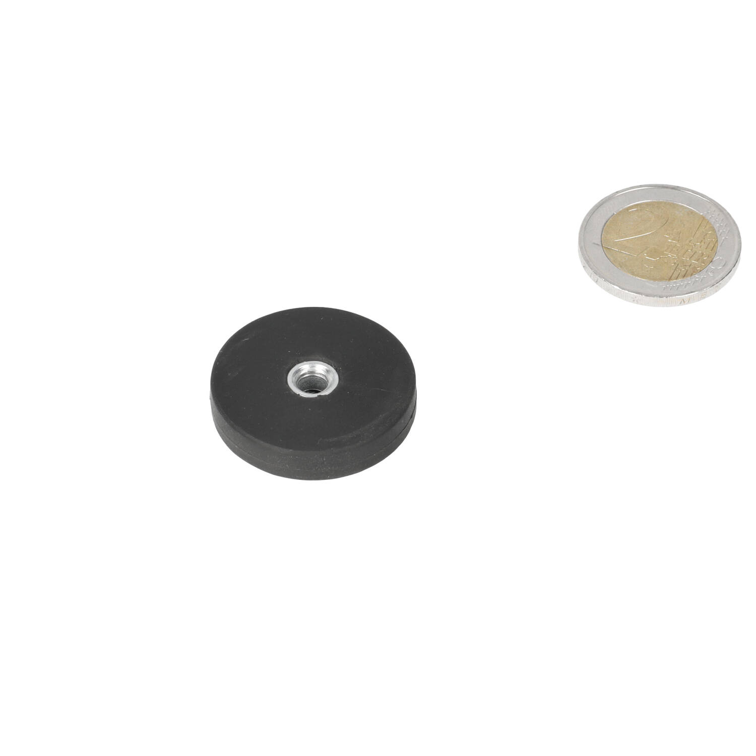 Neodym Topfmagnet 31 x 6 mm, N40, im Stahltopf, gummibeschichtet, gummibeschichtet, mit Innengewinde M5, mit Gewinde M6