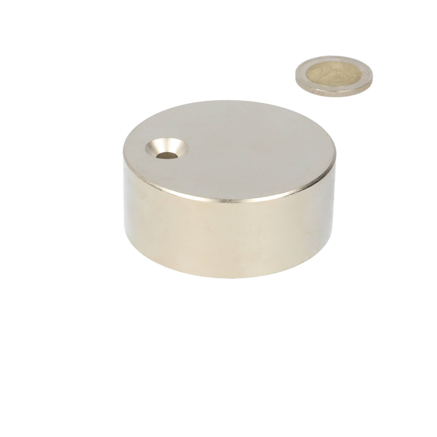 Neodym Scheibenmagnet Ø60 x 25 mm, N48, vernickelt (NiCuNi), mit Senkbohrung