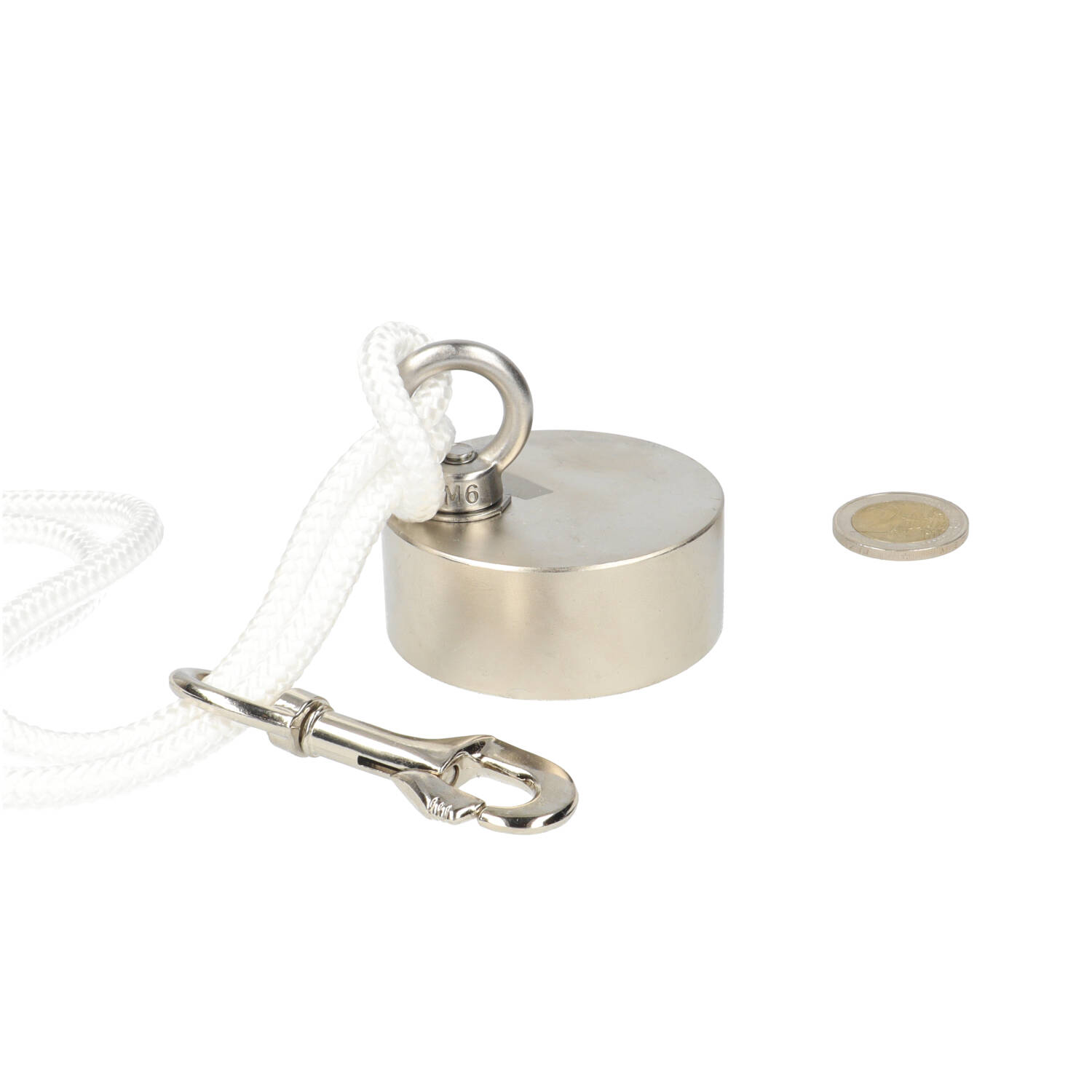 Bergemagnet Ø70 x 30 mm 300KG Haftkraft, mit 20m Seil, Ringmutter, Schraube und Karabiner